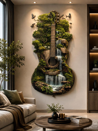 Large Metal Guitar Wall Art Nature Landscape Metal Sign Home Decor Rustic Musical Instrument Wall Hanging Outdoor Indoor Cabin Lodge Gift