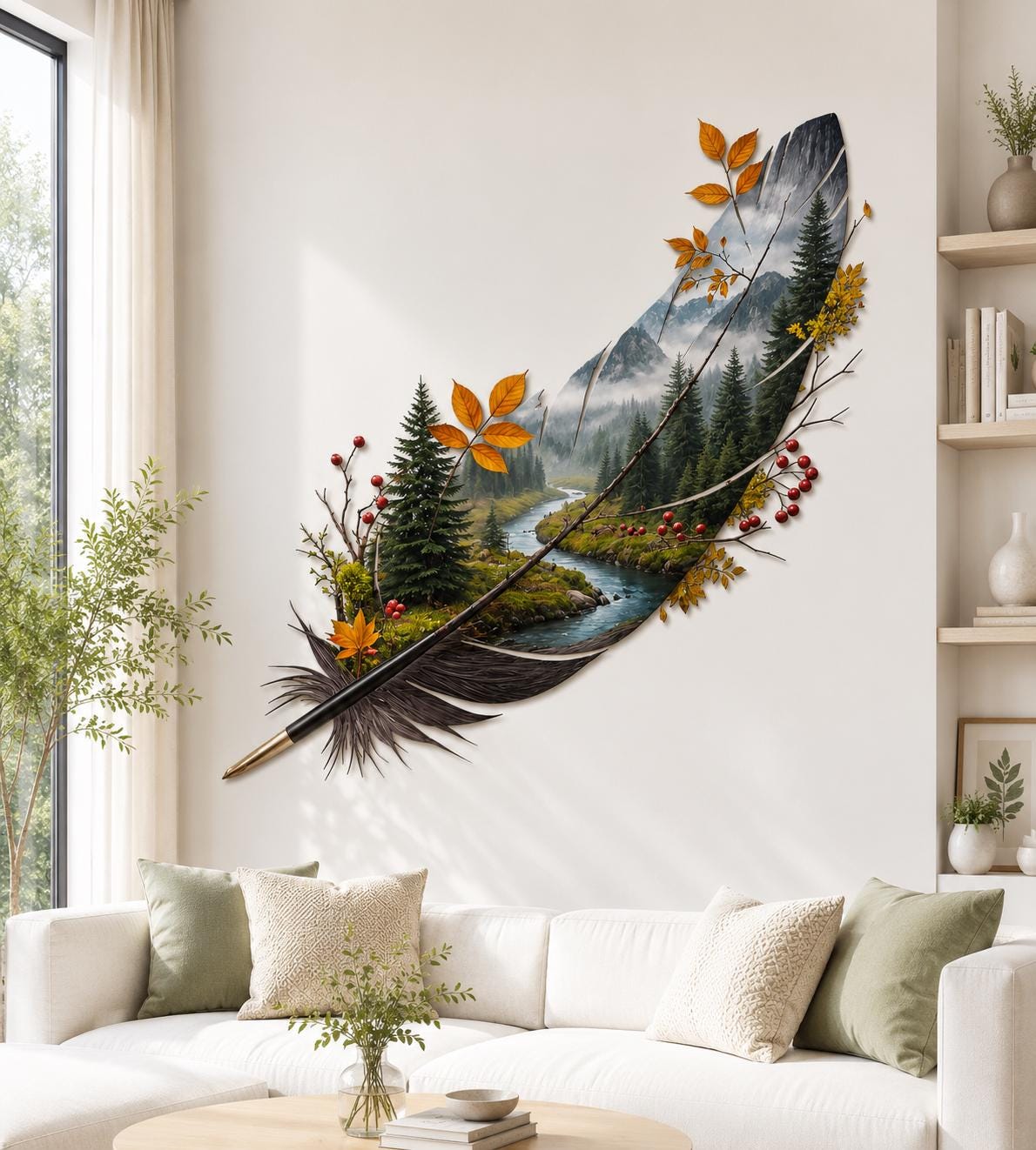 Feather Metal Wall Art Nature Landscape MetalSign Home Decor Outdoor Indoor Cabin Lodge Gift For Garden Living Room Decoration