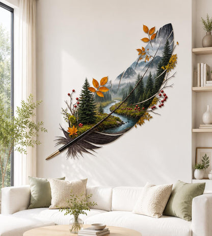 Feather Metal Wall Art Nature Landscape MetalSign Home Decor Outdoor Indoor Cabin Lodge Gift For Garden Living Room Decoration