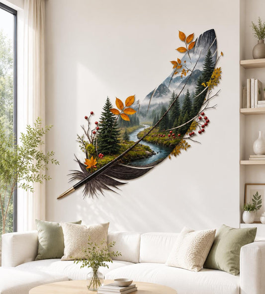 Feather Metal Wall Art Nature Landscape MetalSign Home Decor Outdoor Indoor Cabin Lodge Gift For Garden Living Room Decoration