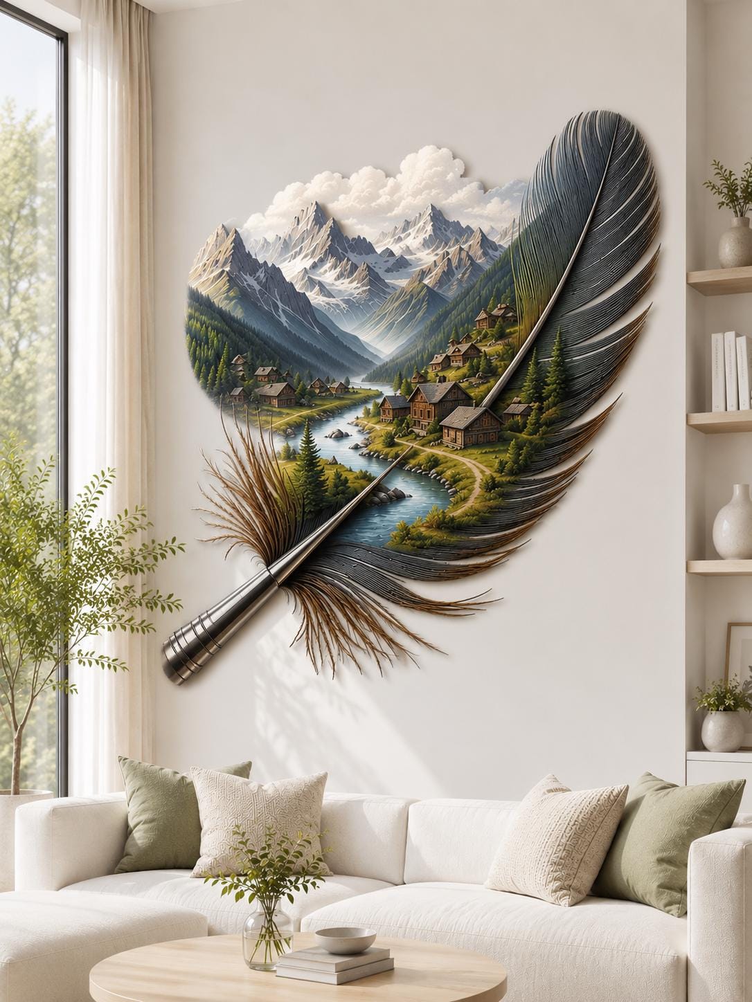 Feather Metal Wall Art Nature Landscape MetalSign Home Decor Outdoor Indoor Cabin Lodge Gift For Garden Living Room Decoration