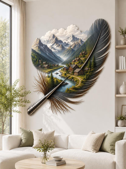 Feather Metal Wall Art Nature Landscape MetalSign Home Decor Outdoor Indoor Cabin Lodge Gift For Garden Living Room Decoration