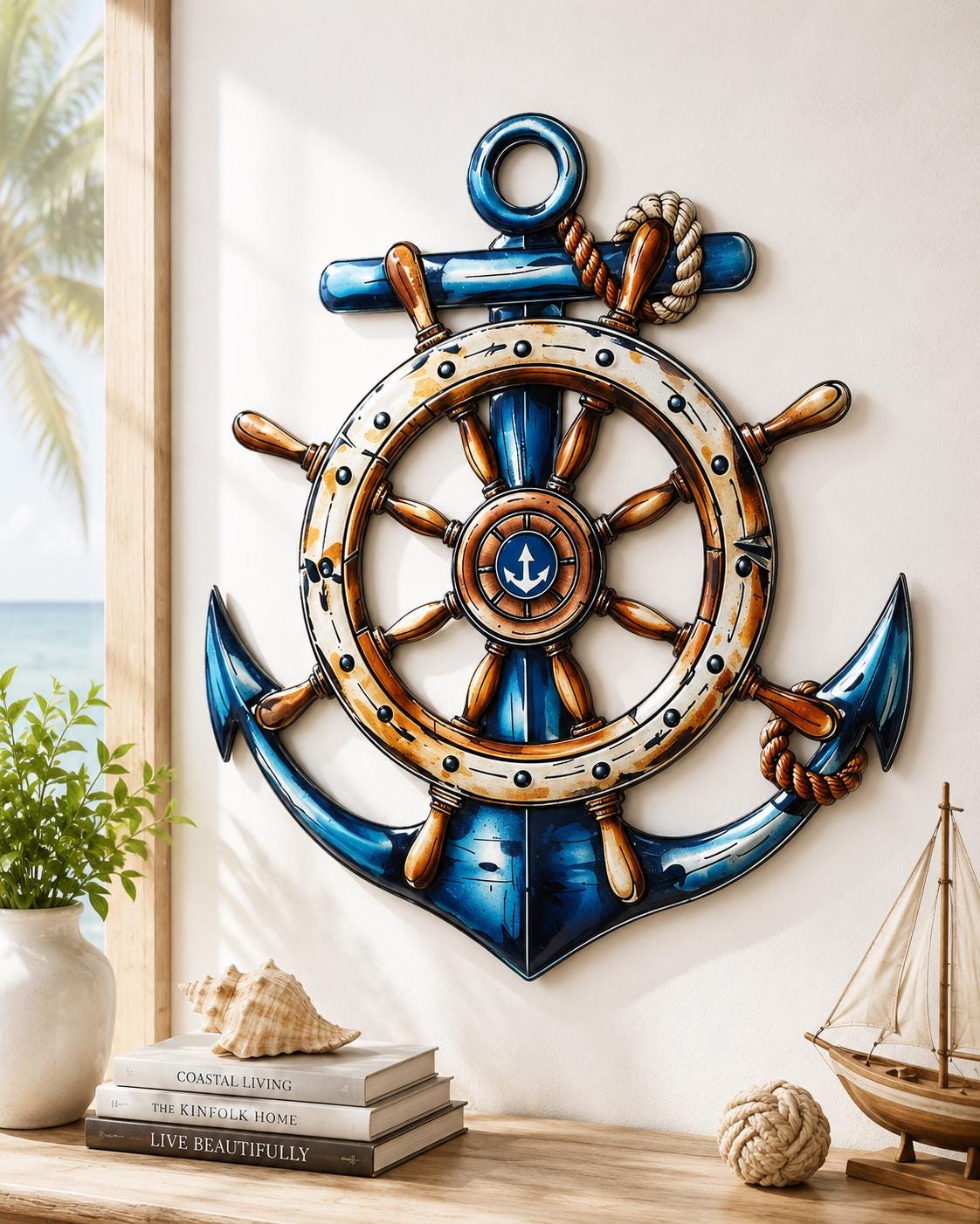 Large Metal Anchor Wall Art Nautical Decor Home Ocean Sea Ship Captain Steering Wheel Rustic Marine Gift