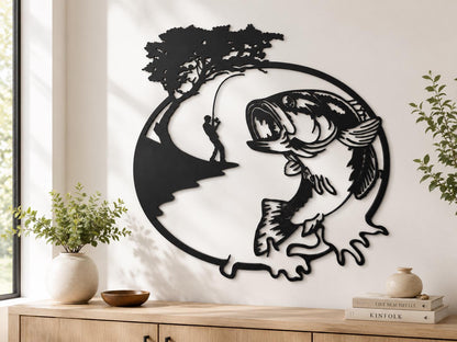 Fishing Metal Wall Art Bass Fish Metal Sign Fisherman Lake Decor UV Printed Aluminum Outdoor Cabin Man Cave Fishing Gift Wall Decor