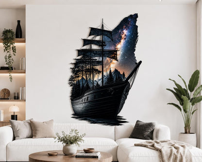 Metal Ship Wall Art Nautical Fantasy Decor Laser Cut Ocean Galaxy Sailing Wall Sculpture Modern Living Room Home Decor Gift For Him