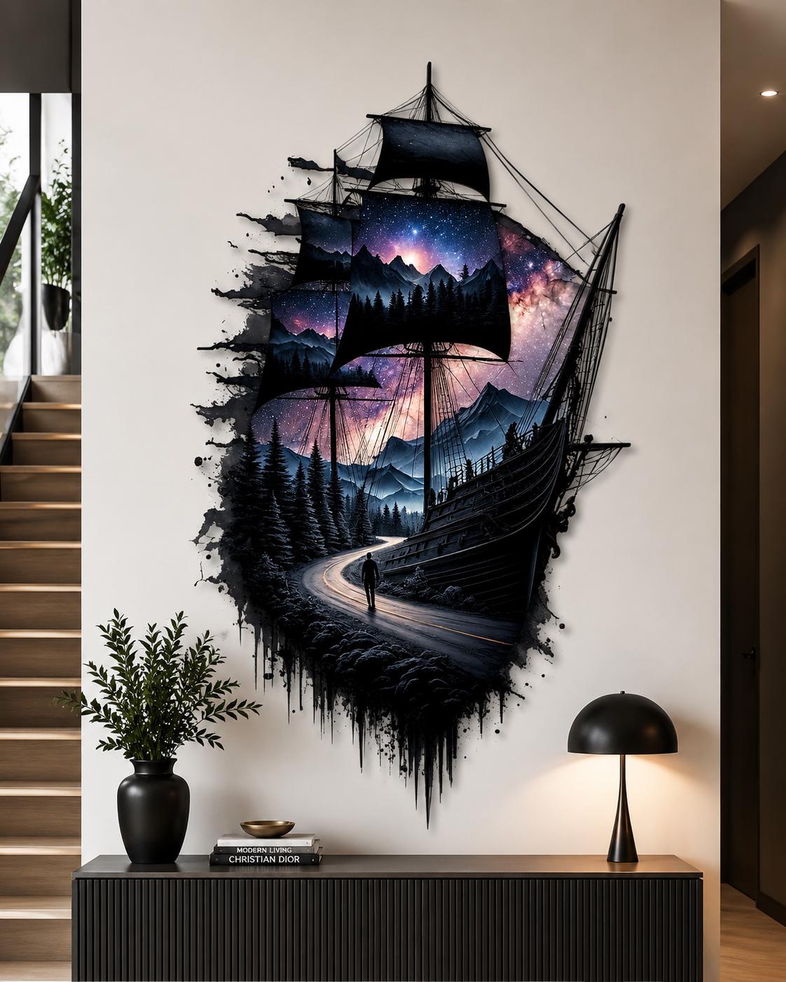 Metal Ship Wall Art Nautical Fantasy Decor Laser Cut Ocean Galaxy Sailing Wall Sculpture Modern Living Room Home Decor Gift For Him