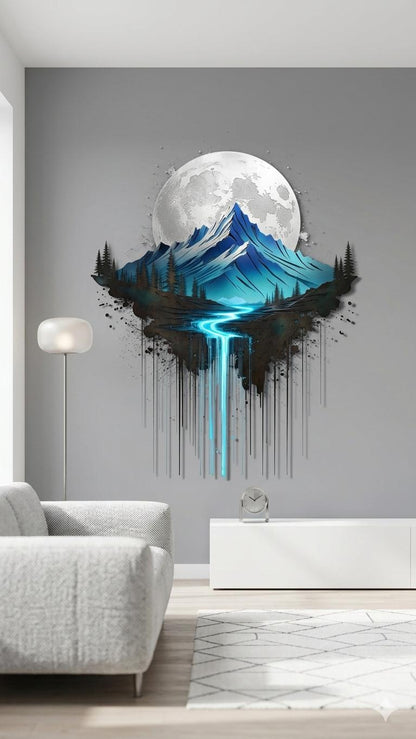 Mountain Lake Wall Art Metal Sign Fantasy Landscape Decor Moon Night Nature Wall Hanging Modern Home Decor Gift For Nature Lovers