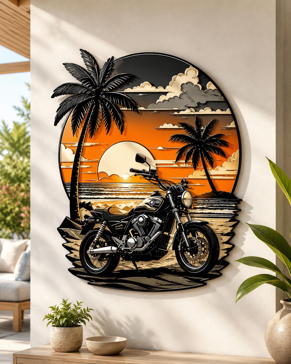 Motorcycle Beach Sunset Metal Wall Art Palm Tree Ocean Sunset Decor Tropical Biker Wall Sign Gift For Men Garage Home Decor