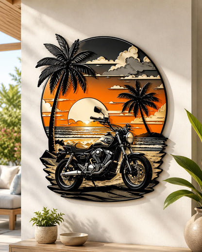 Motorcycle Beach Sunset Metal Wall Art Palm Tree Ocean Sunset Decor Tropical Biker Wall Sign Gift For Men Garage Home Decor