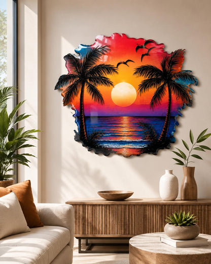 Motorcycle Beach Sunset Metal Wall Art Palm Tree Ocean Sunset Decor Tropical Biker Wall Sign Gift For Men Garage Home Decor