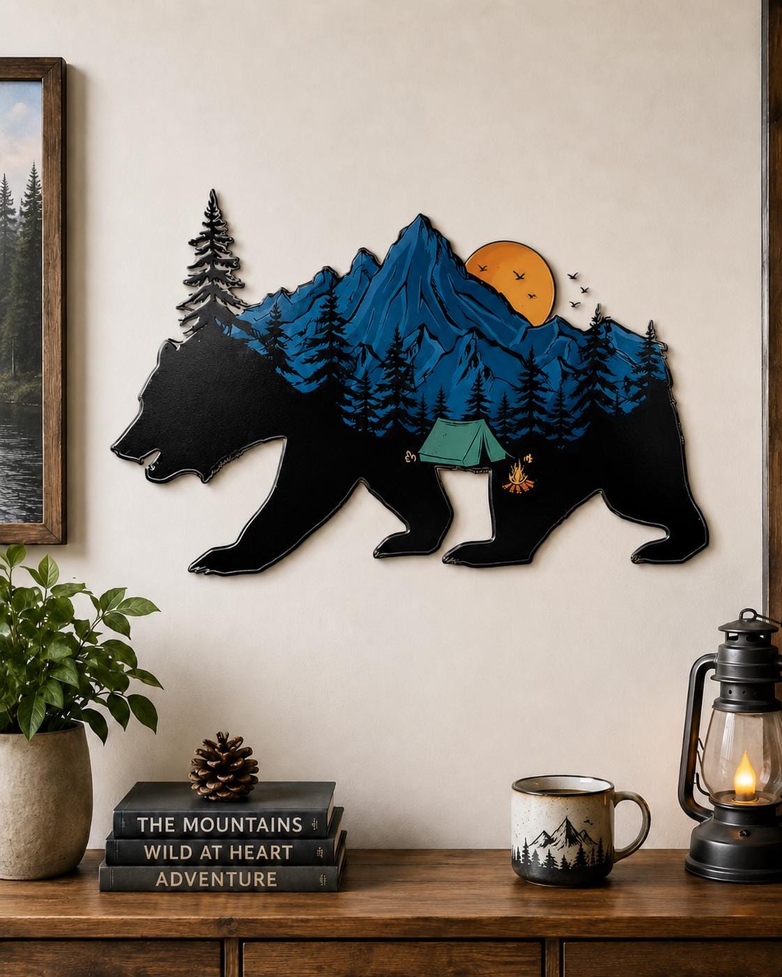 Fishing Adventure Metal Wall Art Mountain Landscape Sign Outdoor Nature Hunter Fisherman Decor Gift for Men Cabin Lodge Home
