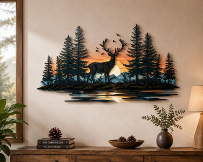 Deer Mountain Metal Wall Art Forest Sunrise Decor Bear Wilderness Cabin Rustic Outdoor Metal Sign Wildlife Nature Wall Decor Gift for Home