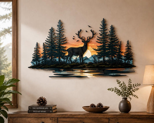 Deer Mountain Metal Wall Art Forest Sunrise Decor Bear Wilderness Cabin Rustic Outdoor Metal Sign Wildlife Nature Wall Decor Gift for Home