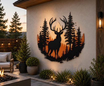 Deer Mountain Metal Wall Art Forest Sunrise Decor Bear Wilderness Cabin Rustic Outdoor Metal Sign Wildlife Nature Wall Decor Gift for Home