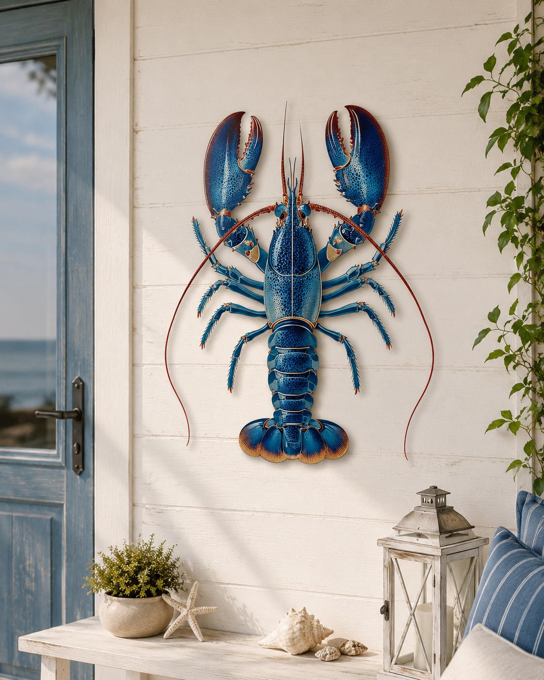 Blue Lobster Wall Art Metal Sign Coastal Nautical Ocean Decor Crab Sea Creature Beach House Modern Wall Sculpture Gift for Fisherman