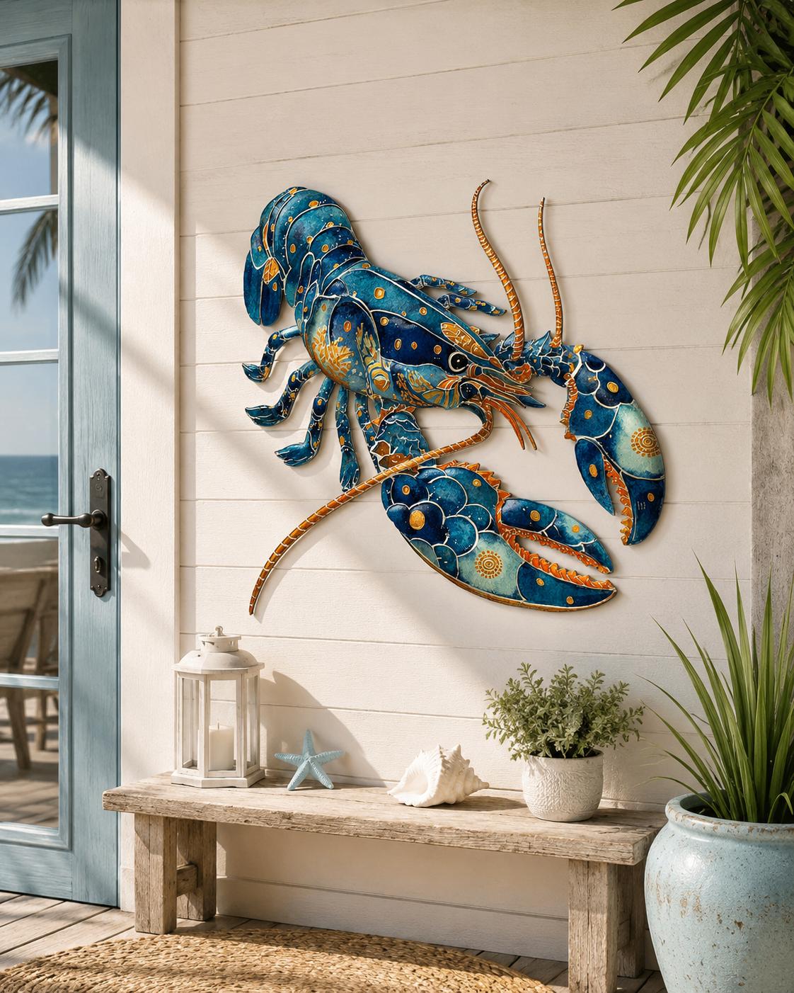Blue Lobster Wall Art Metal Sign Coastal Nautical Ocean Decor Crab Sea Creature Beach House Modern Wall Sculpture Gift for Fisherman