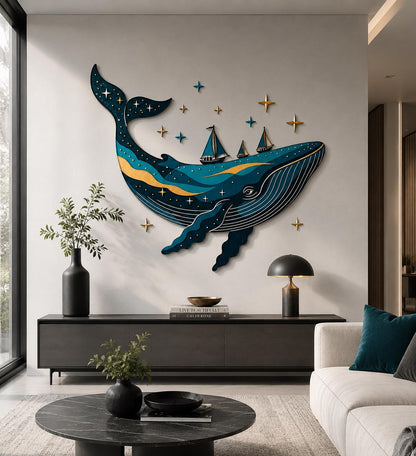Whale Lighthouse Metal Wall Art Blue Ocean Decor Nautical Whale Wall Sculpture Coastal Fantasy Home Wall Hanging Modern 2D Metal Sign