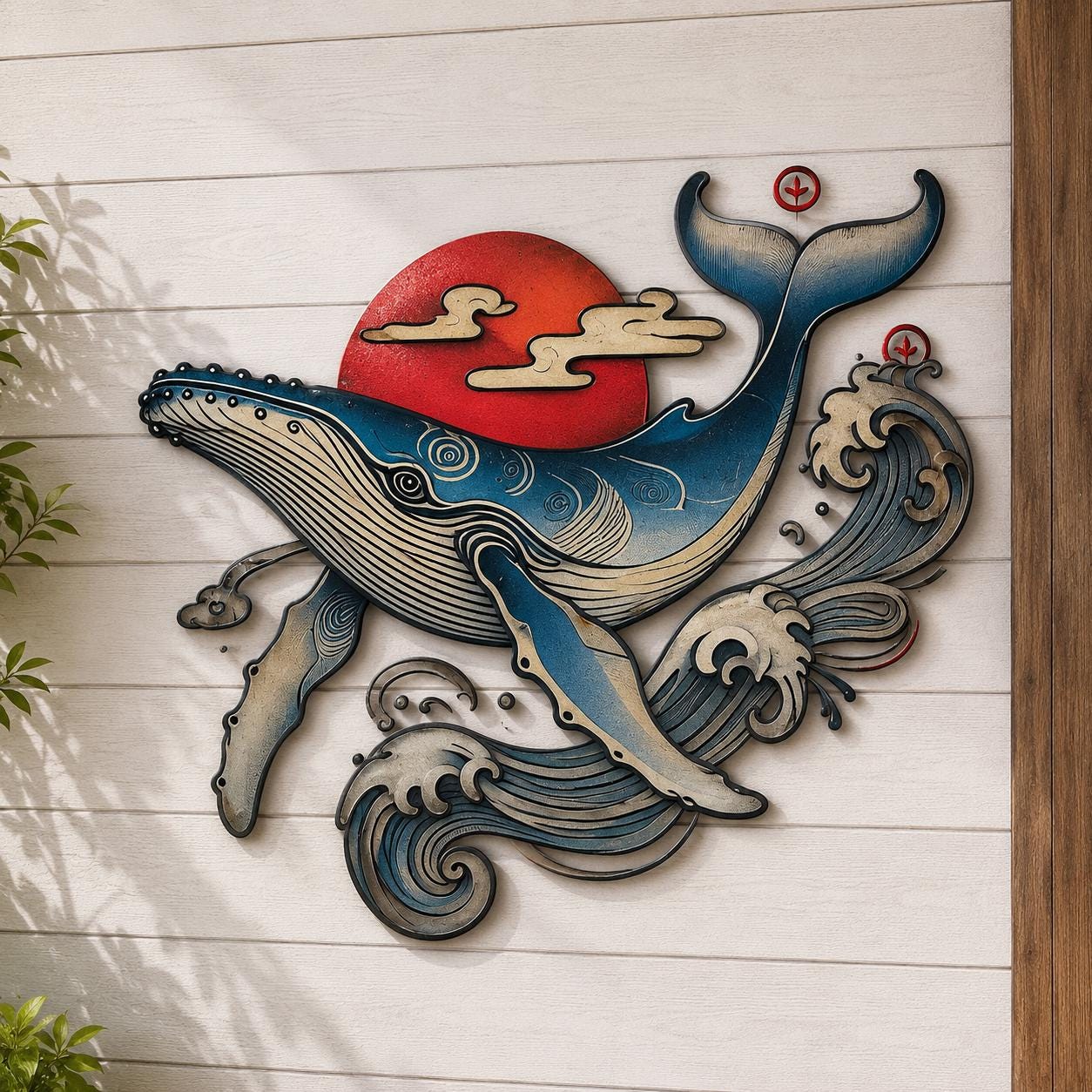 Whale Lighthouse Metal Wall Art Blue Ocean Decor Nautical Whale Wall Sculpture Coastal Fantasy Home Wall Hanging Modern 2D Metal Sign