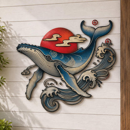 Whale Lighthouse Metal Wall Art Blue Ocean Decor Nautical Whale Wall Sculpture Coastal Fantasy Home Wall Hanging Modern 2D Metal Sign