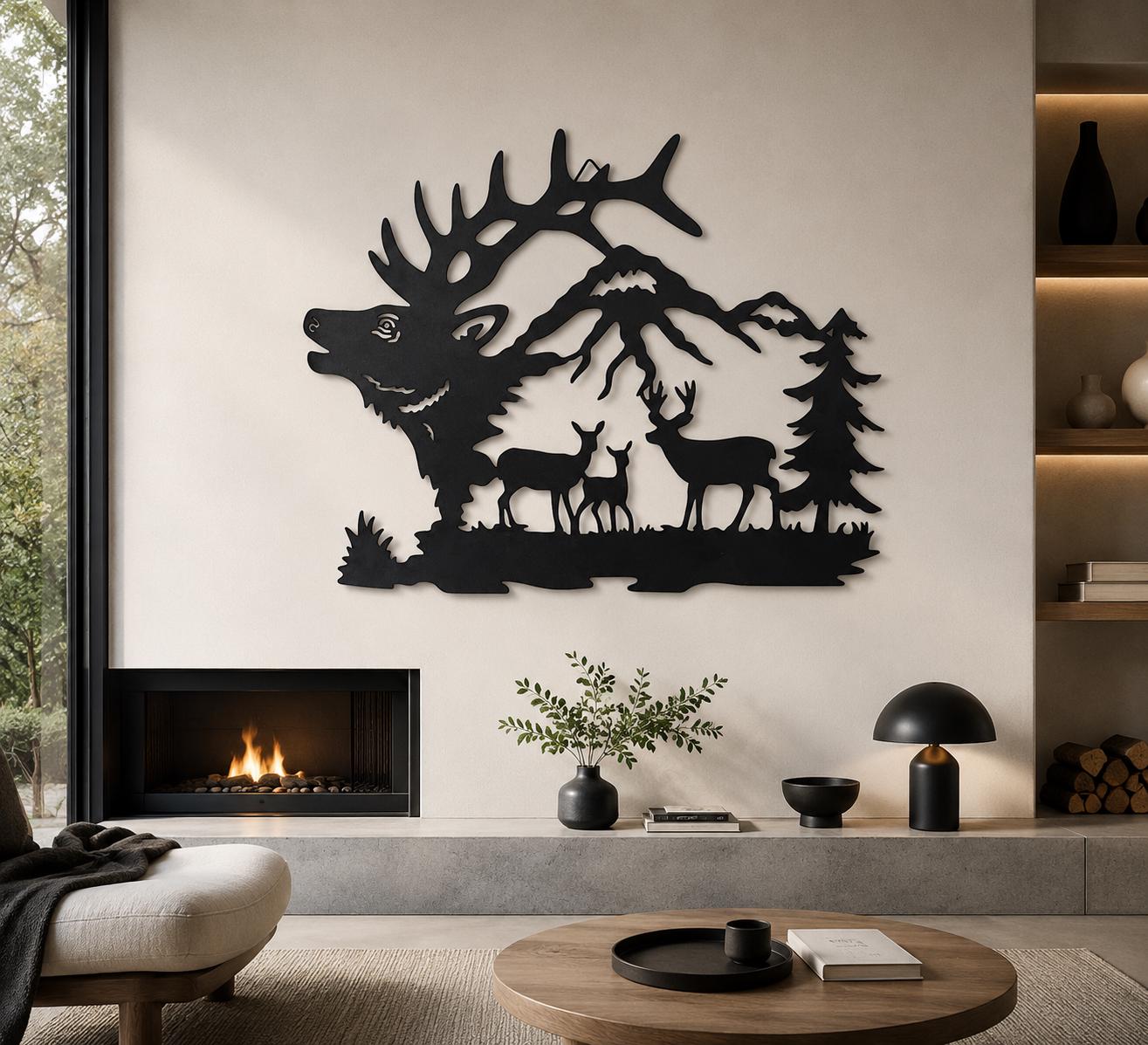 Large Deer Forest Metal Wall Art Elk Mountain Silhouette Wildlife Decor Rustic Cabin Home Wall Hanging Nature Inspired Metal Sign Gift