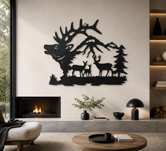 Large Deer Forest Metal Wall Art Elk Mountain Silhouette Wildlife Decor Rustic Cabin Home Wall Hanging Nature Inspired Metal Sign Gift