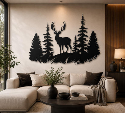 Rustic Deer Moose Forest Metal Wall Art Black Silhouette Wildlife Cabin Decor Modern Farmhouse Metal Sign Outdoor Indoor Nature Wall Decor