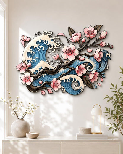 Japanese Wave Cherry Blossom Metal Wall Art Red Sun Ocean Sakura 2D Aluminum Wall Decor Modern Nature Wall Sign Asian Inspired Home Decor