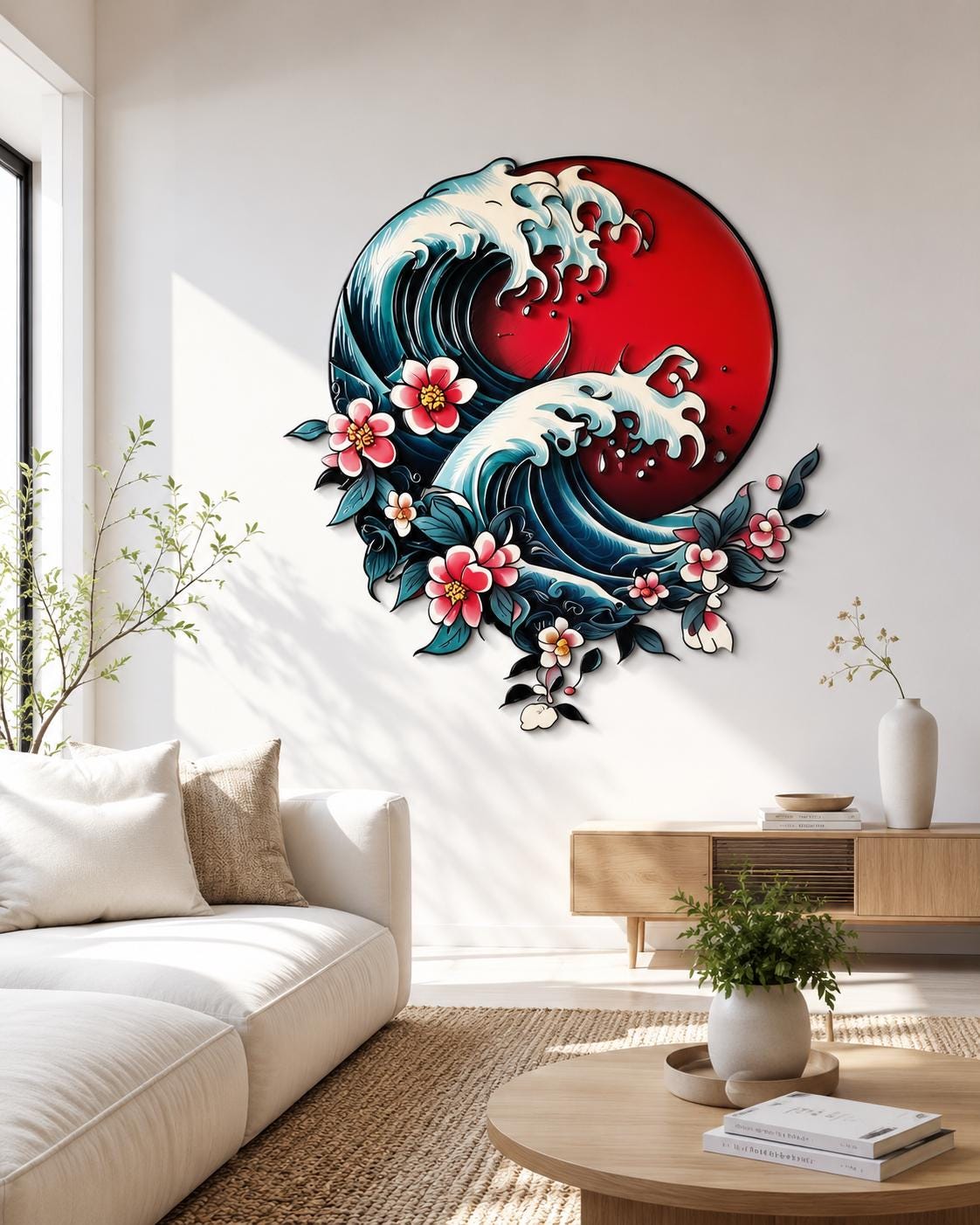 Japanese Wave Cherry Blossom Metal Wall Art Red Sun Ocean Sakura 2D Aluminum Wall Decor Modern Nature Wall Sign Asian Inspired Home Decor