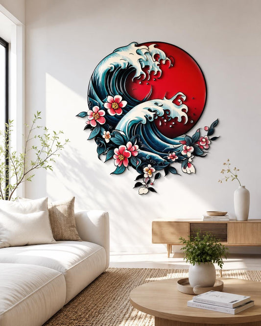 Japanese Wave Cherry Blossom Metal Wall Art Red Sun Ocean Sakura 2D Aluminum Wall Decor Modern Nature Wall Sign Asian Inspired Home Decor