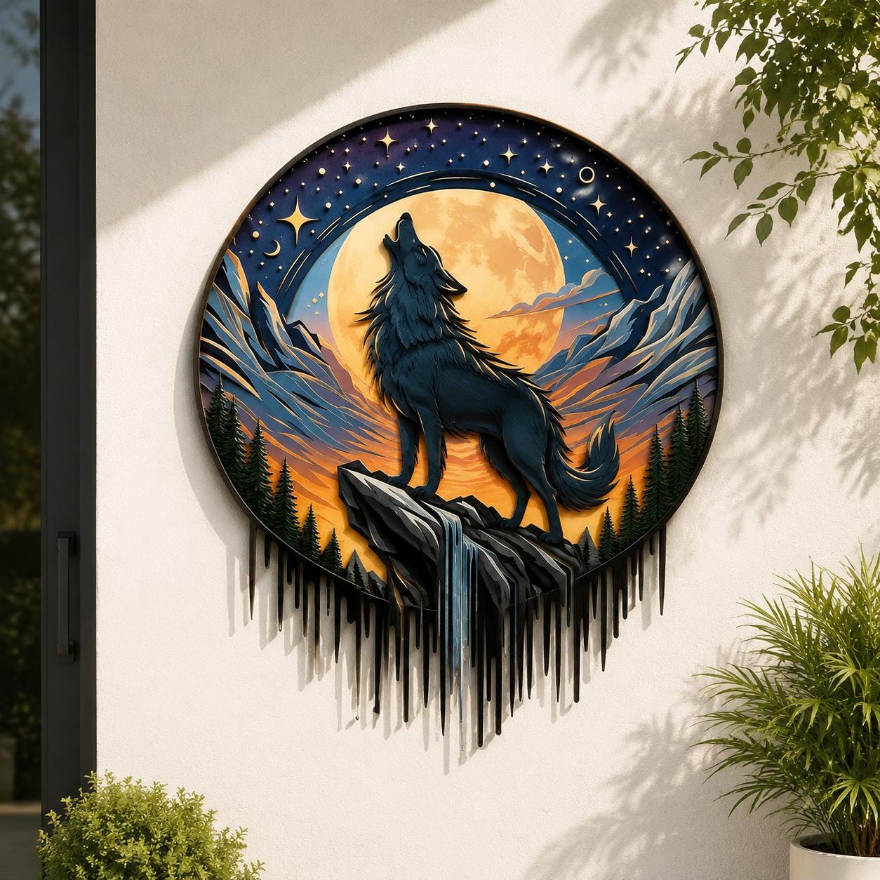 Wolf Metal Wall Art Moon Wolf Decor UV Printed Aluminum Sign Wildlife Mountain Forest Wall Hanging Rustic Cabin Home Decor Gift