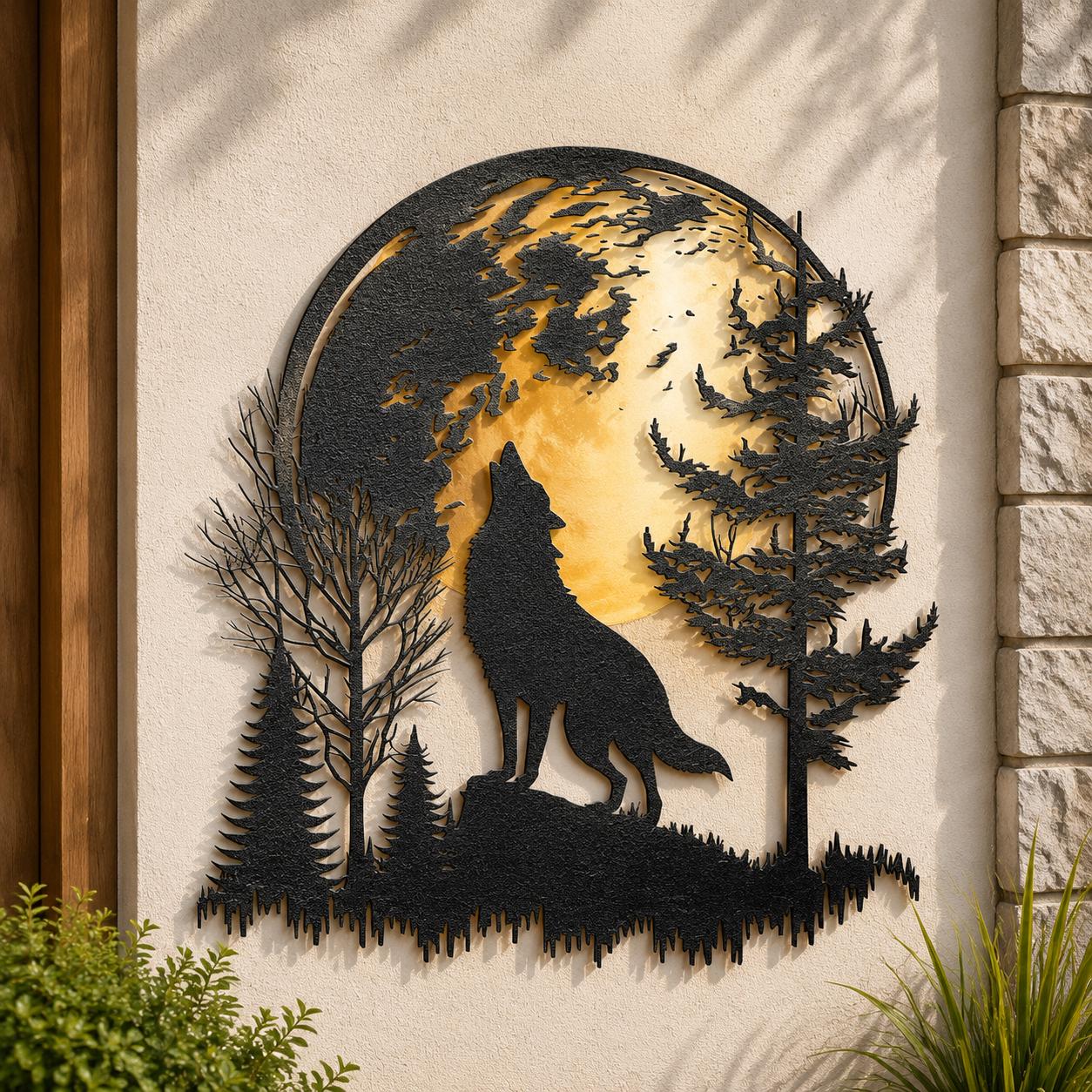 Wolf Metal Wall Art Moon Wolf Decor UV Printed Aluminum Sign Wildlife Mountain Forest Wall Hanging Rustic Cabin Home Decor Gift