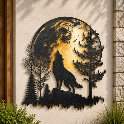 Wolf Metal Wall Art Moon Wolf Decor UV Printed Aluminum Sign Wildlife Mountain Forest Wall Hanging Rustic Cabin Home Decor Gift
