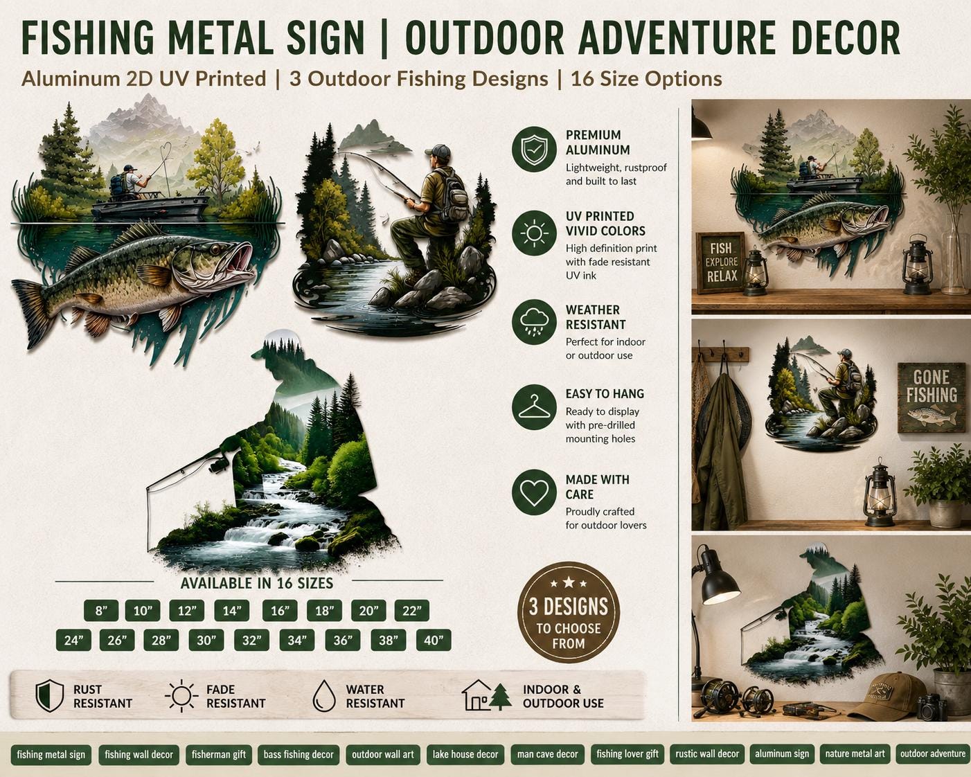 Fishing Metal Wall Art Bass Fishing Decor UV Printed Aluminum Sign Fisherman Lake House Wall Hanging Outdoor Adventure Gift
