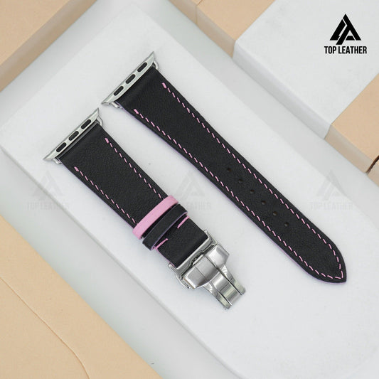 Watch Strap Smooth Nappa Leather (Smartwatch Compatible), Mechanical Watch- Black leather mix Pink Thread SW07.22